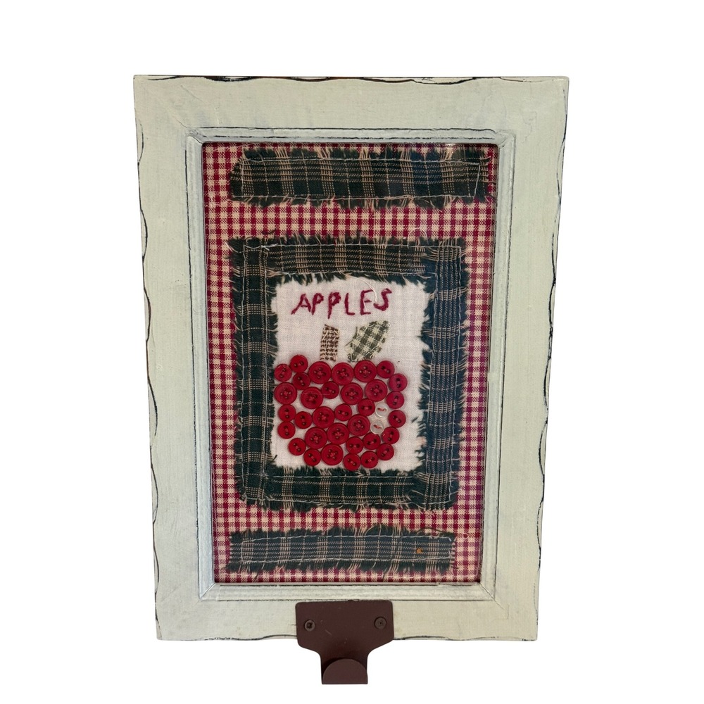 Handmade Primitive Farmhouse Button Apple Wall Decor Hook Plaid Gingham Frame